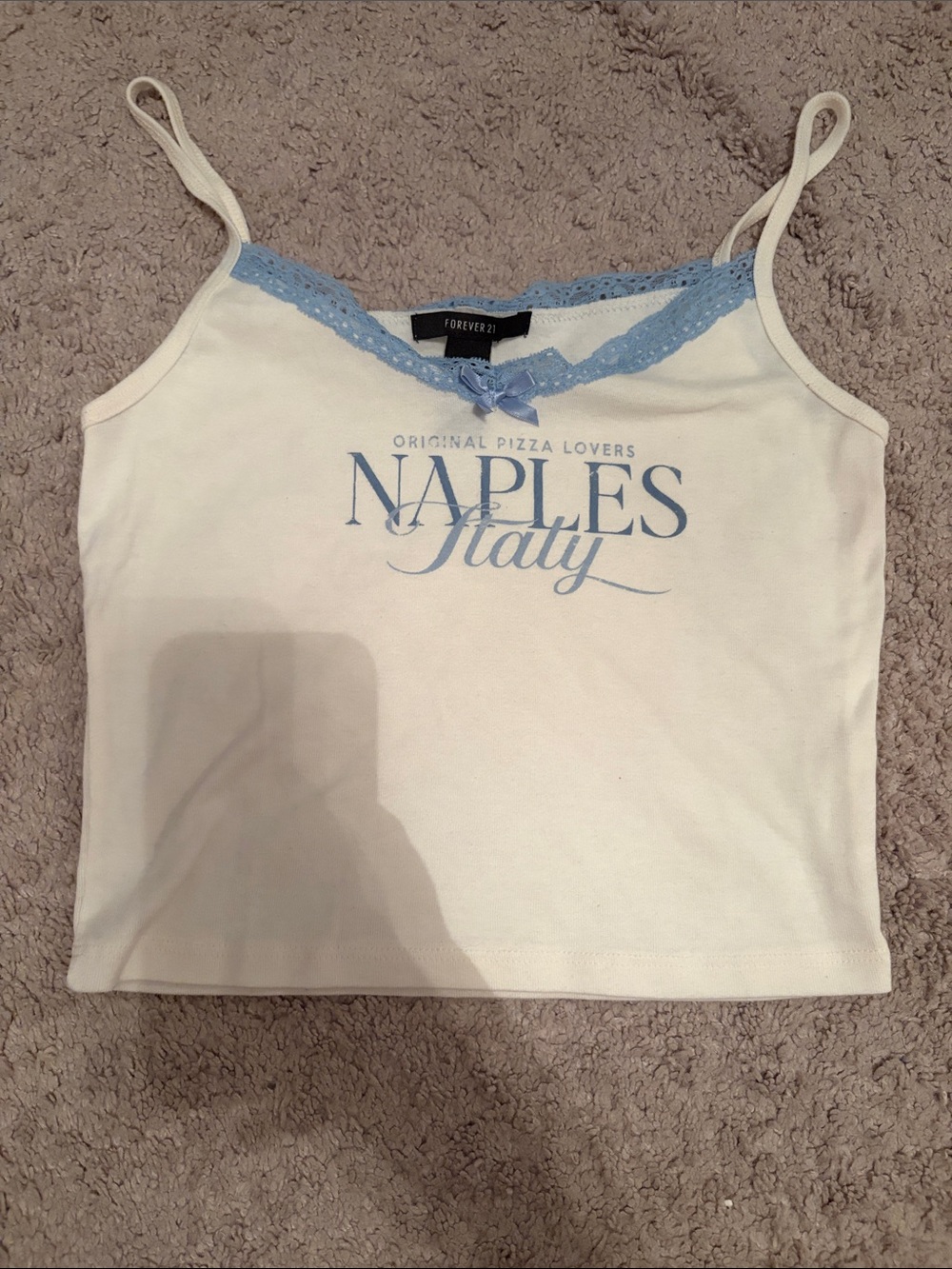 Forever 21 Cream Tank with Light Blue Trim and Naples Italy Print